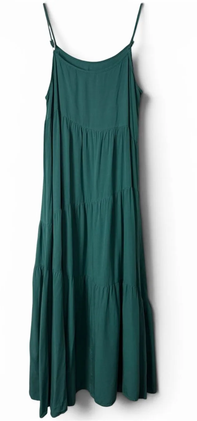 Boho Cottagecore Tiered Maxi Dress Emerald Green Flowy Adjustable Straps L Size L