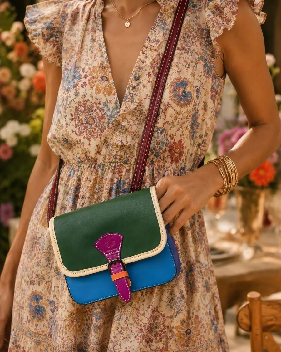 Made in Italy Colorblock Leather Crossbody Bag Multi Color Satchel Purse Small