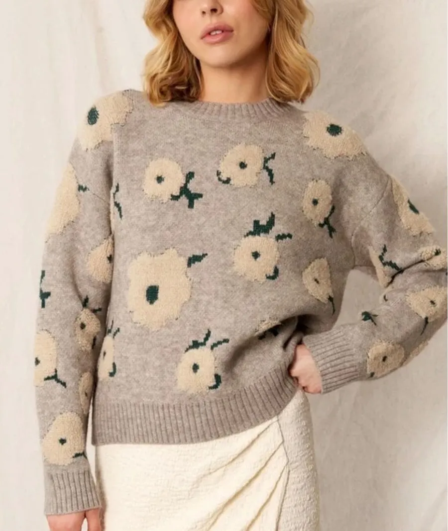 En Crème Sz L Texture Embroidered Chunky Floral Pullover Cozy Knit Sweater Fall Gray Size L