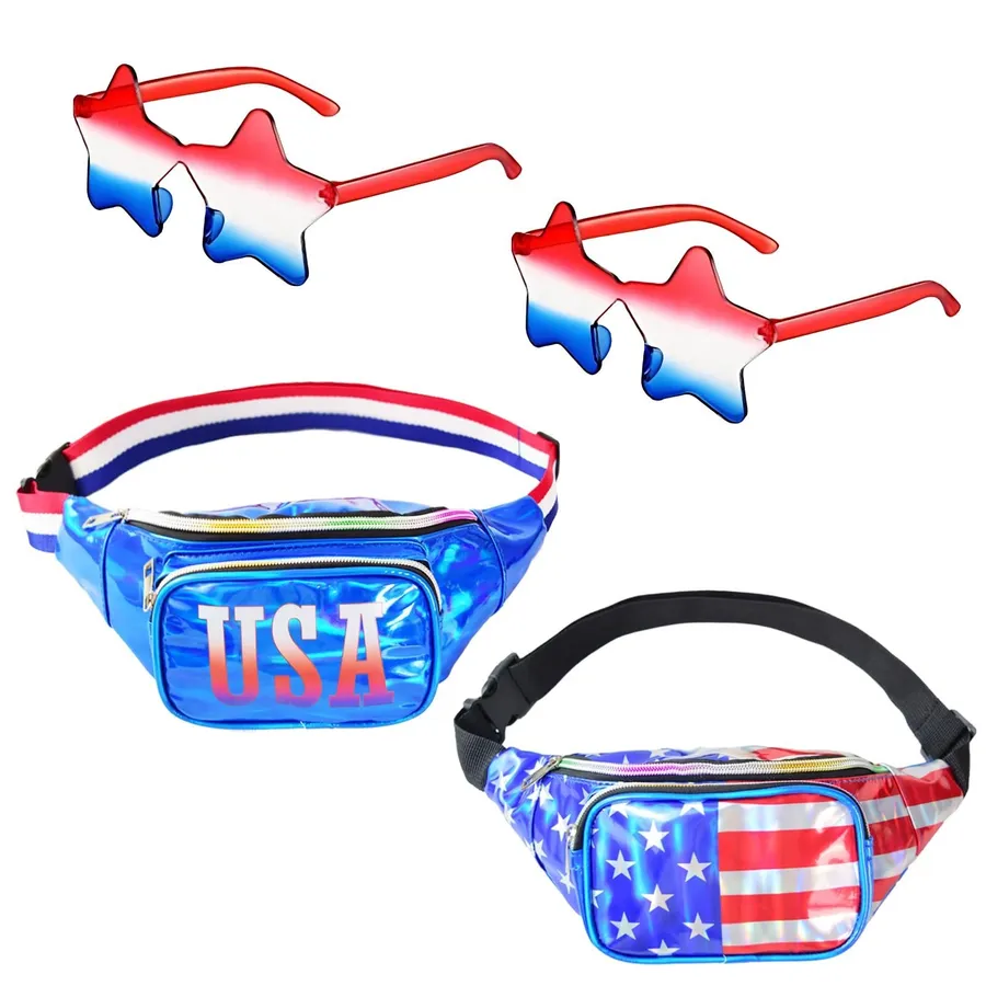 NWT 4pc USA Flag Fanny Packs & Star Sunglasses 4th of July Patriotic Set Red
