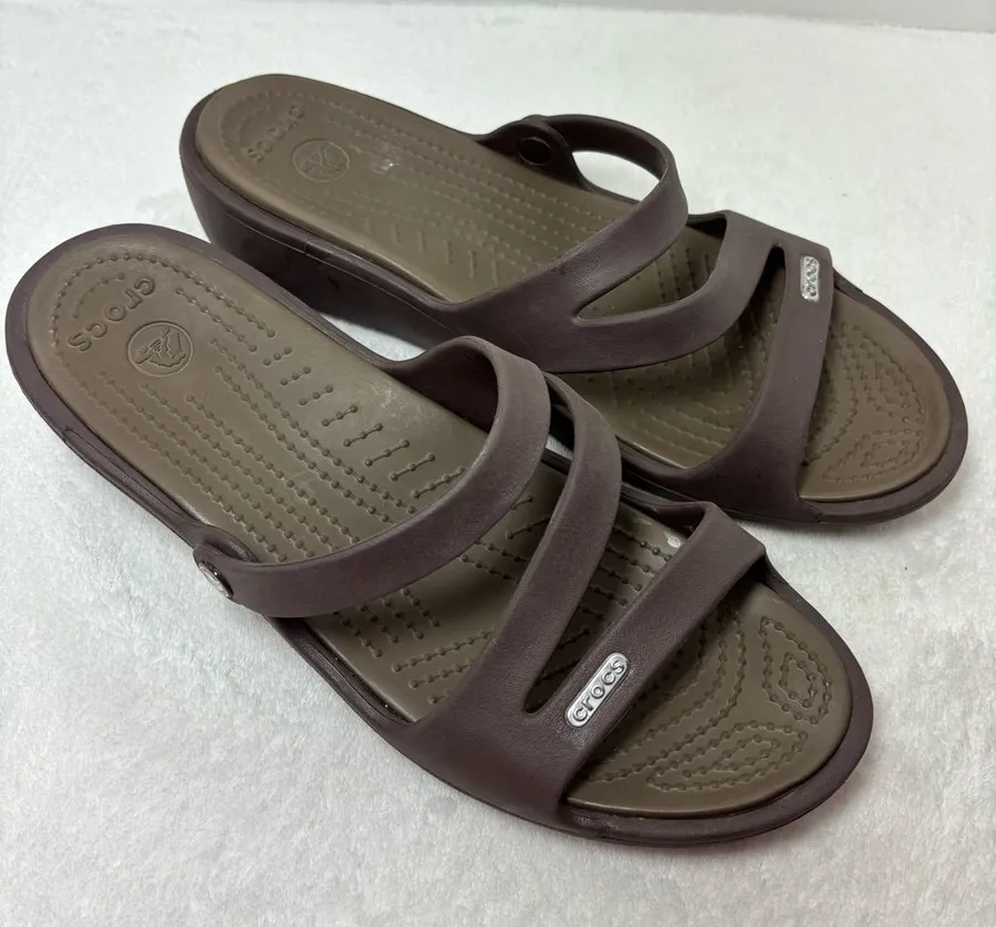 Crocs Brown Criss Cross Rubber Slide On Wedge Sandals Size 9 Women's