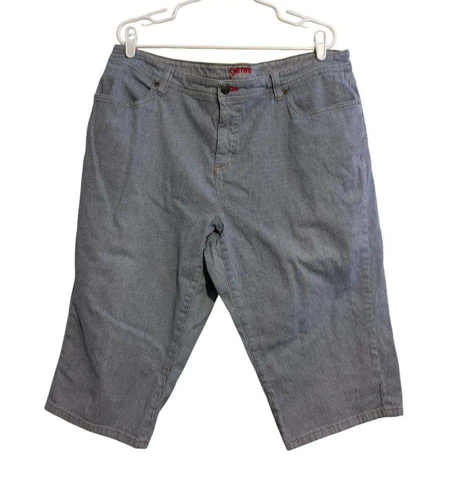 Smiths Workwear Capri Pants Womens 20W Blue Pinstripe Cropped Denim Shorts