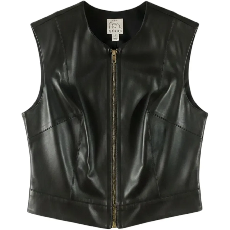 Gantos Vintage Vest Black Leather Front Zip Up Buckle Hem Biker Moto Layering Size 12