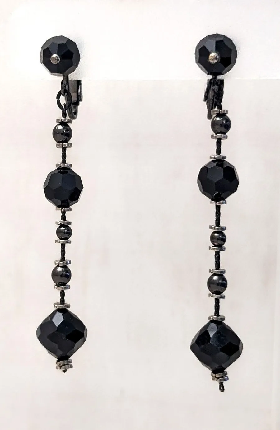 Vintage Clip On Earrings 2 & 7/8" Extra Long Black Dangle Stylish Statement