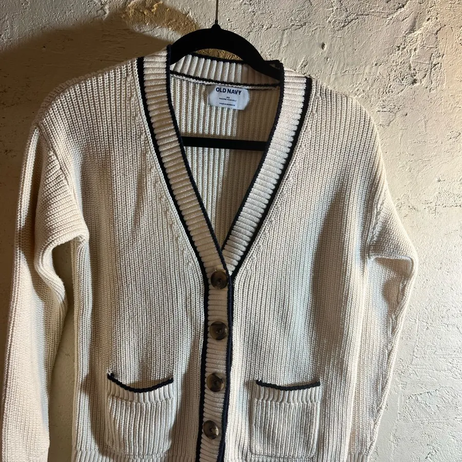Old Navy Cream and Black Cardigan Sweater with V-Neck and Textured Knit