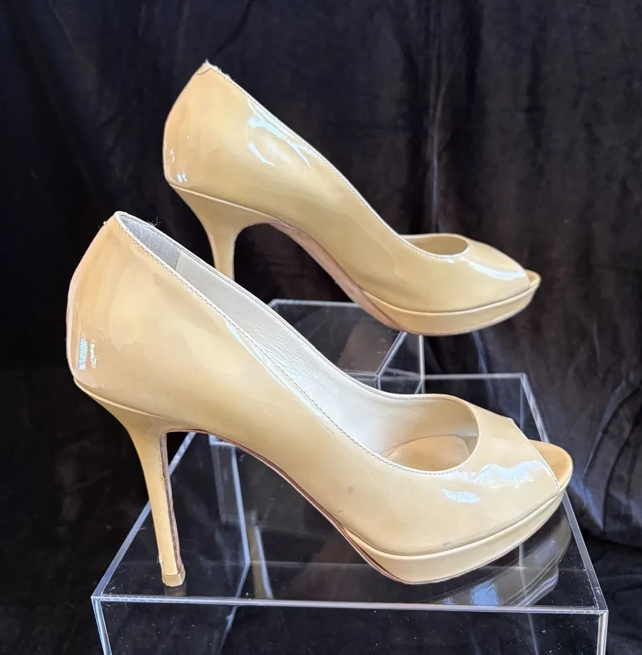 Jimmy Choo Nude Patent Leather Peep Toe High Heel Pumps Size 39