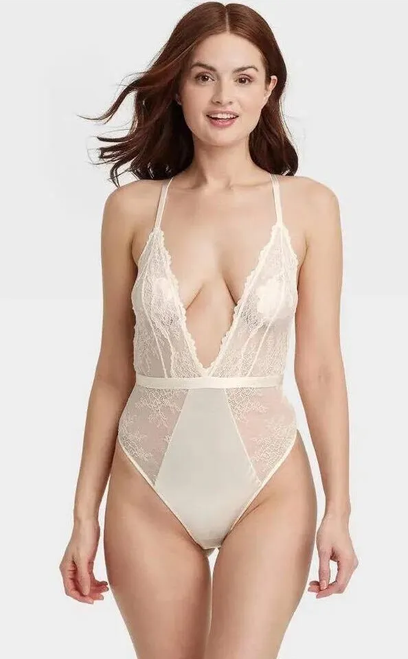 Auden Women's Lace and Satin Bodysuit, Cream, Size Large White