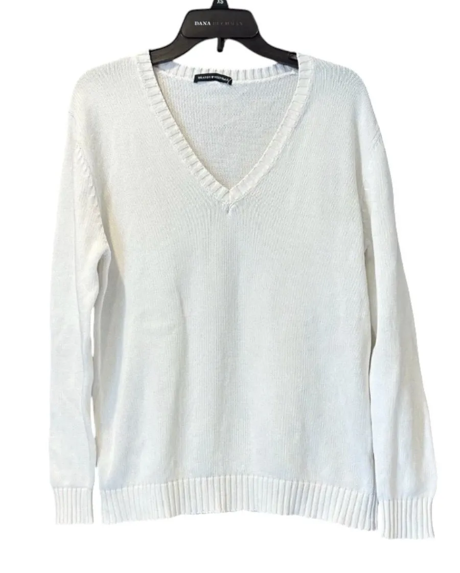 Brandy Melville V Neck White Sweater 100% Cotton One Size Minimalist Top Shirt