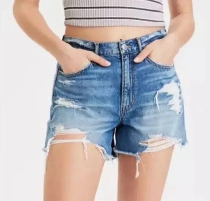American Eagle Outfitters 90s Distressed Denim Boyfriend Shorts Blue 0