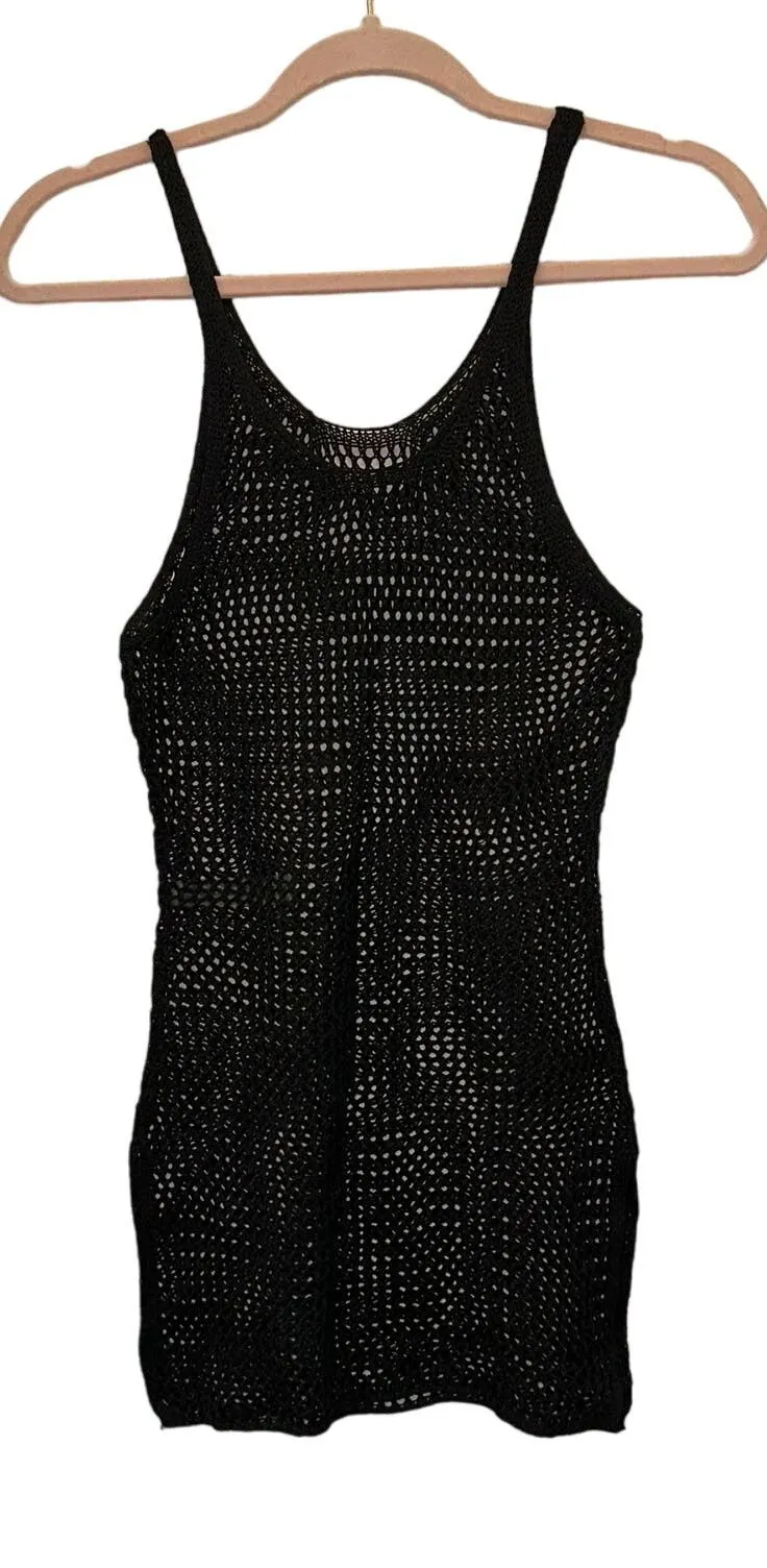 Shein Black Crochet Mini Dress XS Sheer Bodycon Swim Cover Up Festival Y2K