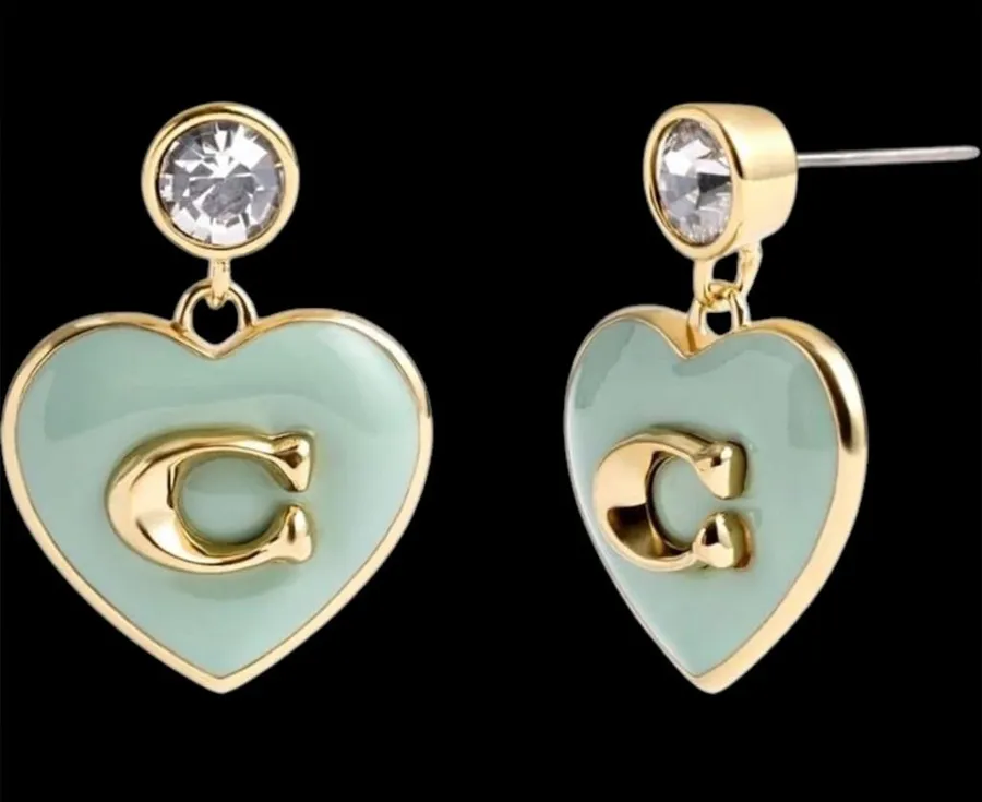 NWT Coach Heart Drop Earrings Light Green Enamel Gold C Logo on Earring Card