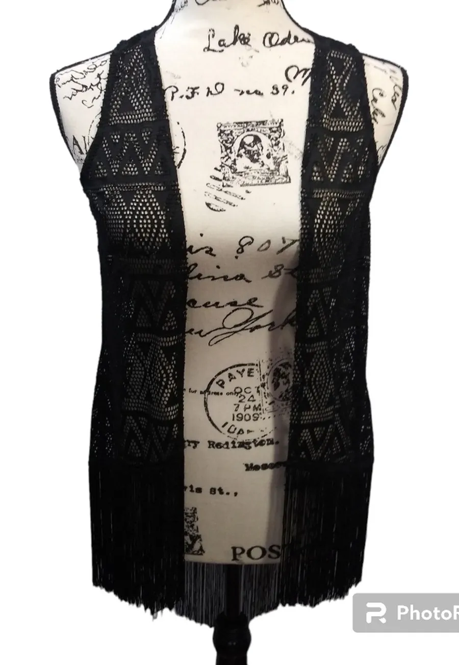 Xhilaration Black Crochet Fringe Cover Up Vest Festival Beach Size XS NWT