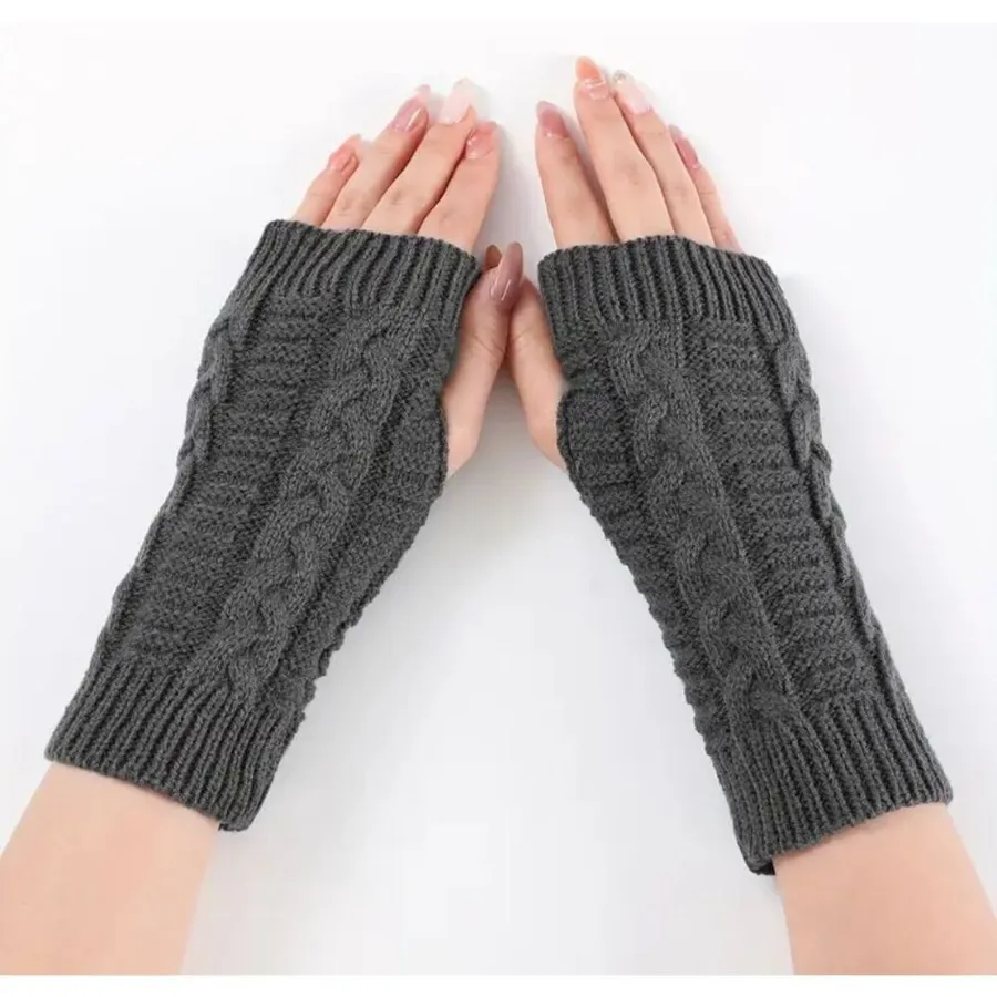 Women’s Cable Knit Fingerless Gloves Gray One Sizel