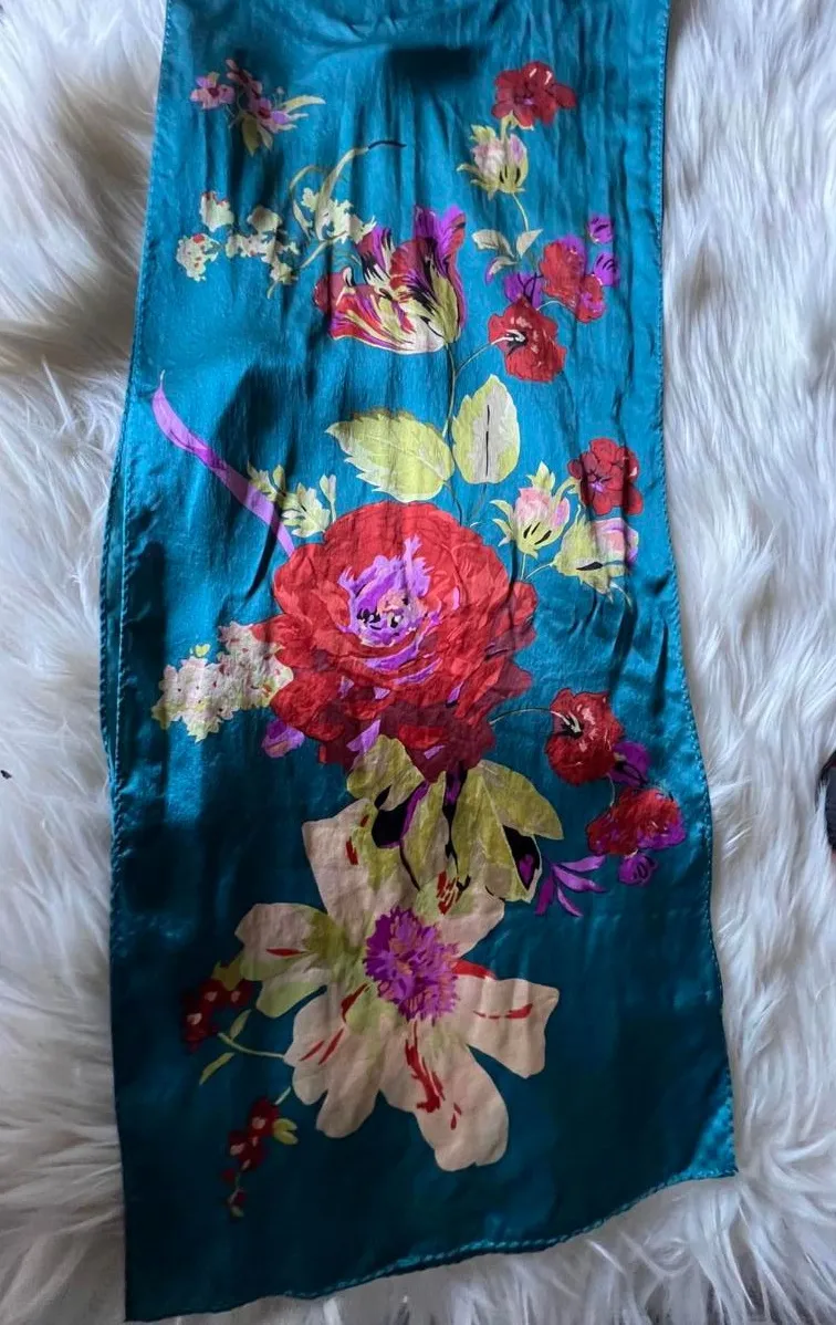 Ellen Tracy Teal Floral Silk Scarf