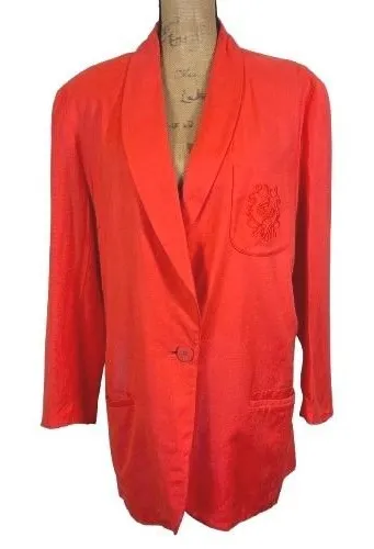 80s 90s Vintage Linen Blend Blazer Bright Orange Crest Pocket Dopamine Large