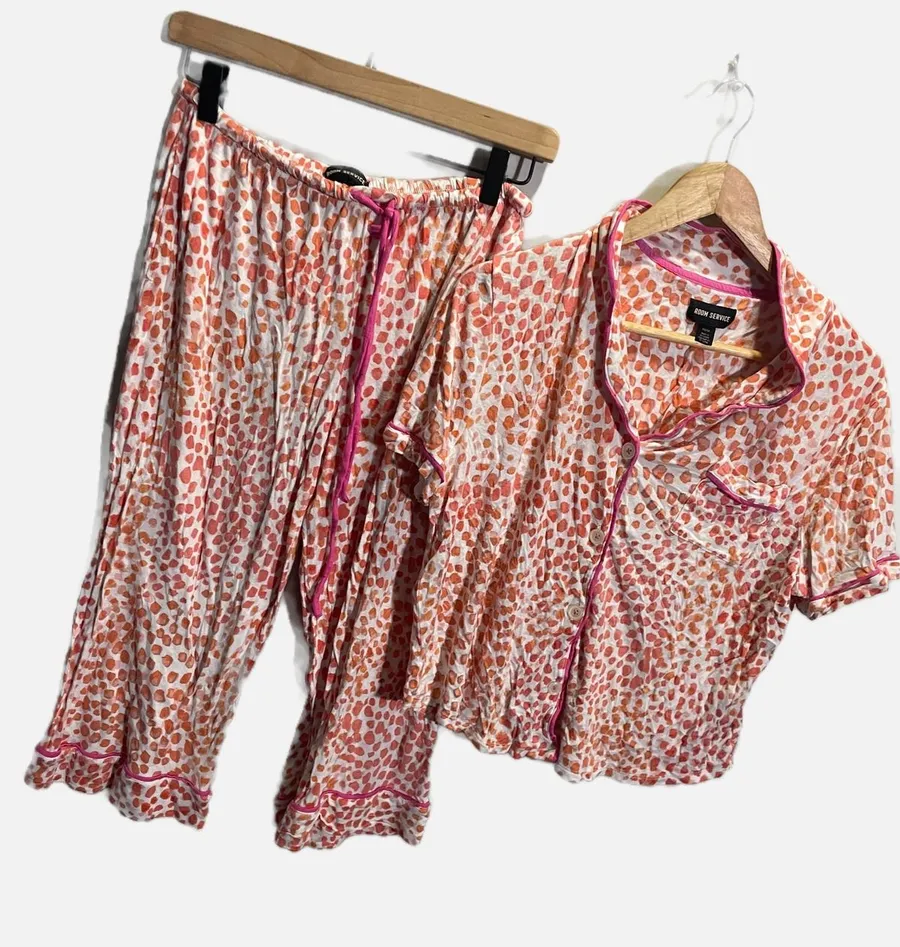 Room Service Pajama Set Womens M/L Orange Pink Dot Print Button Down Sleepwear Size L