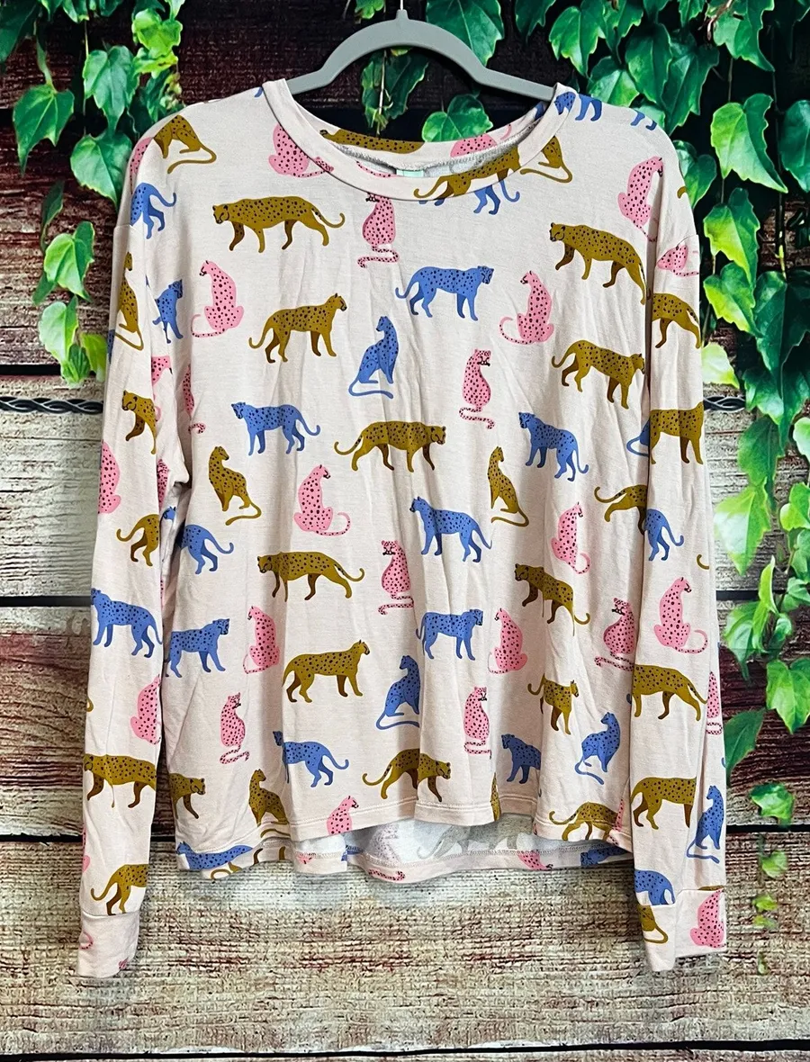 Honeydew Play it Cool Lounge Pajama Top Cheetah Medium Long Sleeve Shirt Leopard Pink