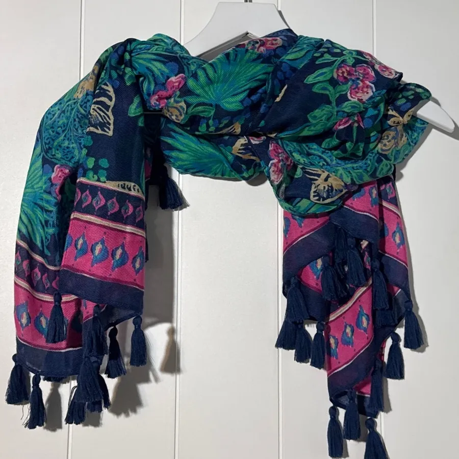 Lilly Pulitzer Women's Tassel Scarf Blue Pink Floral 74x60