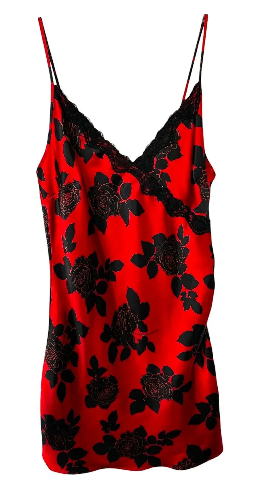 Satin Gown Medium Nightgown Slip Nightie Babydoll Red Black Rose Lace Trim 1810 Red