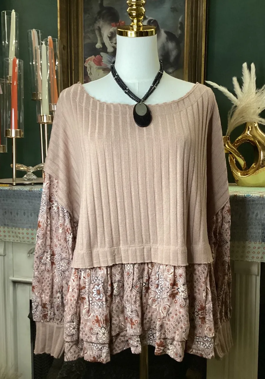 Gimmicks BKE Ribbed Mixed Media Floral Peplum Top Mauve Medium HFL1265