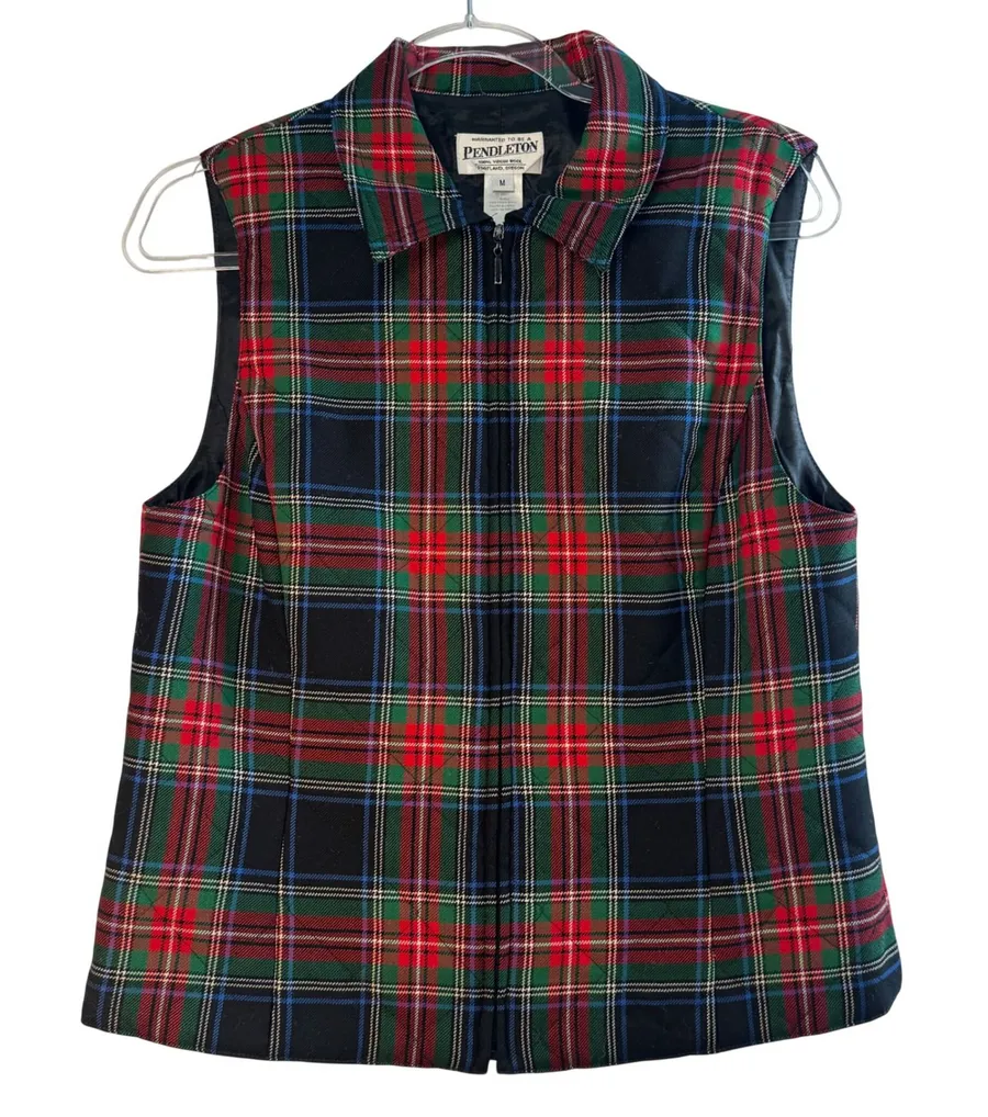 Pendleton Tartan Wool Zip Vest Plaid Red Navy Women's M USA Preppy Old Money
