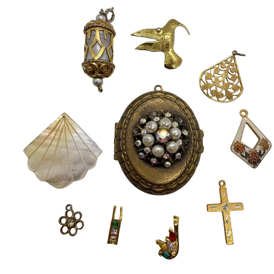 Vintage Pendant Lot 10pc Locket Mother of Pearl 18KGP Cross Hummingbird Jewelry Gold