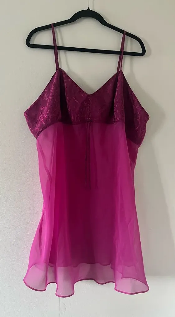 Y2K Sheer Pink Babydoll Slip Dress 26 Magenta Lingerie Cami Chiffon Satin