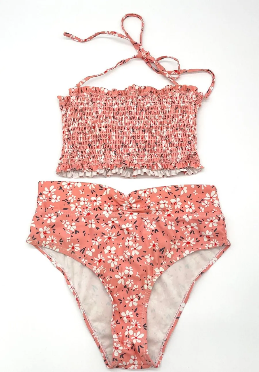 Floral Bikini Set Womens Small Smocked Halter High Waist Boho Cottage Prairie Pink