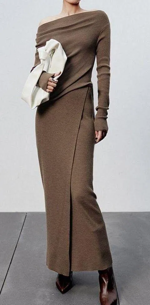 Commense NEW Caramel Slit Maxi Knit Set Skirt and Top Size M Ribbed Asymmetrical Brown Size M