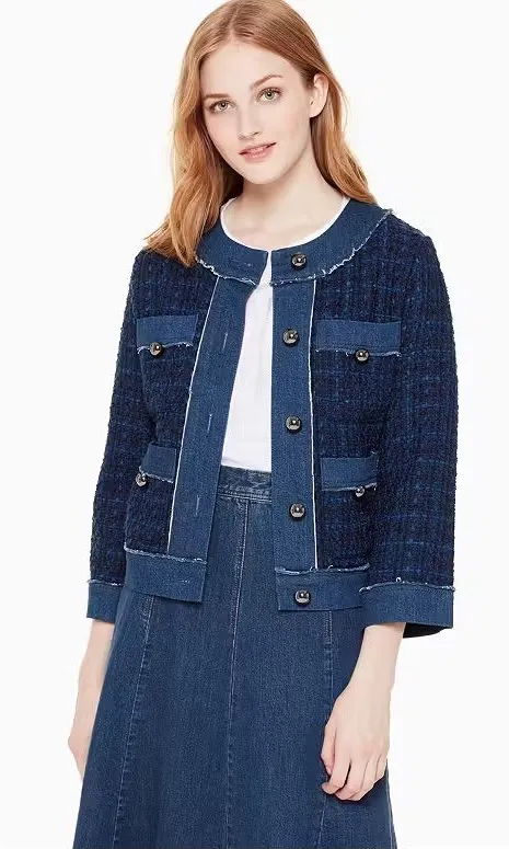 Kate Spade New York Denim Tweed Jacket XS Blue Button Front Preppy