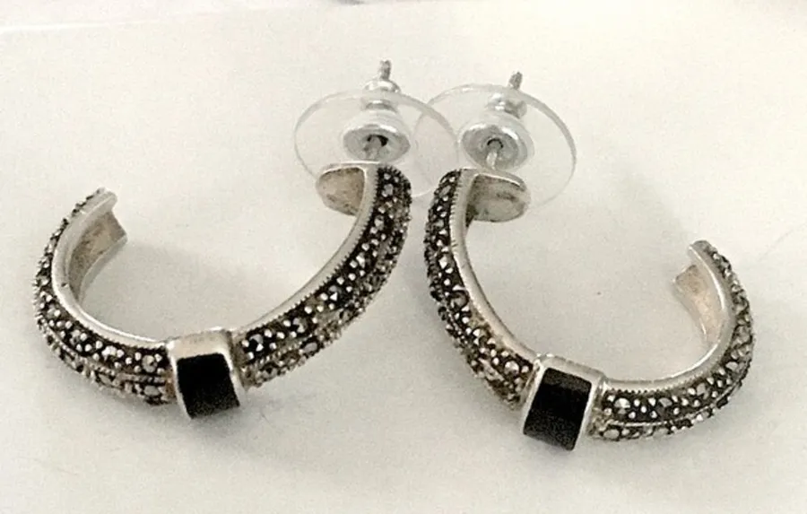 VTG Onyx Marcasite Sterling Demi Hoops Earrings Silver