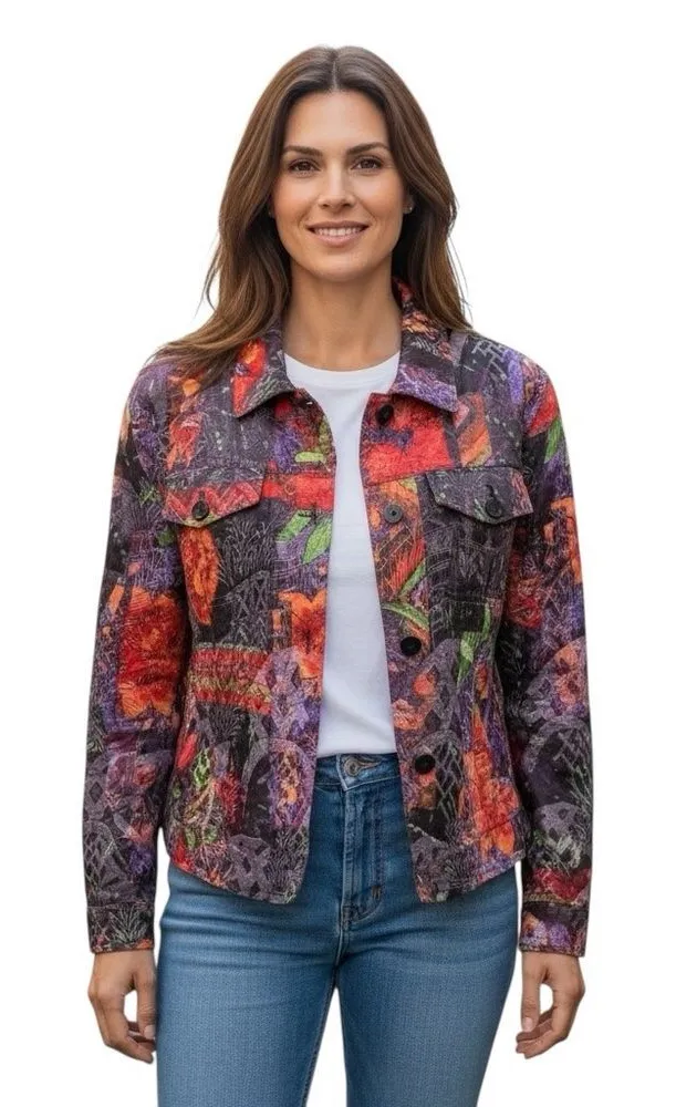 Chico's Jacket Shirt Shacket Women's Size 1 Medium Linen Silk Multicolored Funky