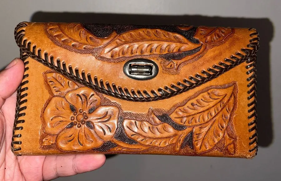 Vintage Handcrafted Floral Tan Leather Clutch w/ Initials MH