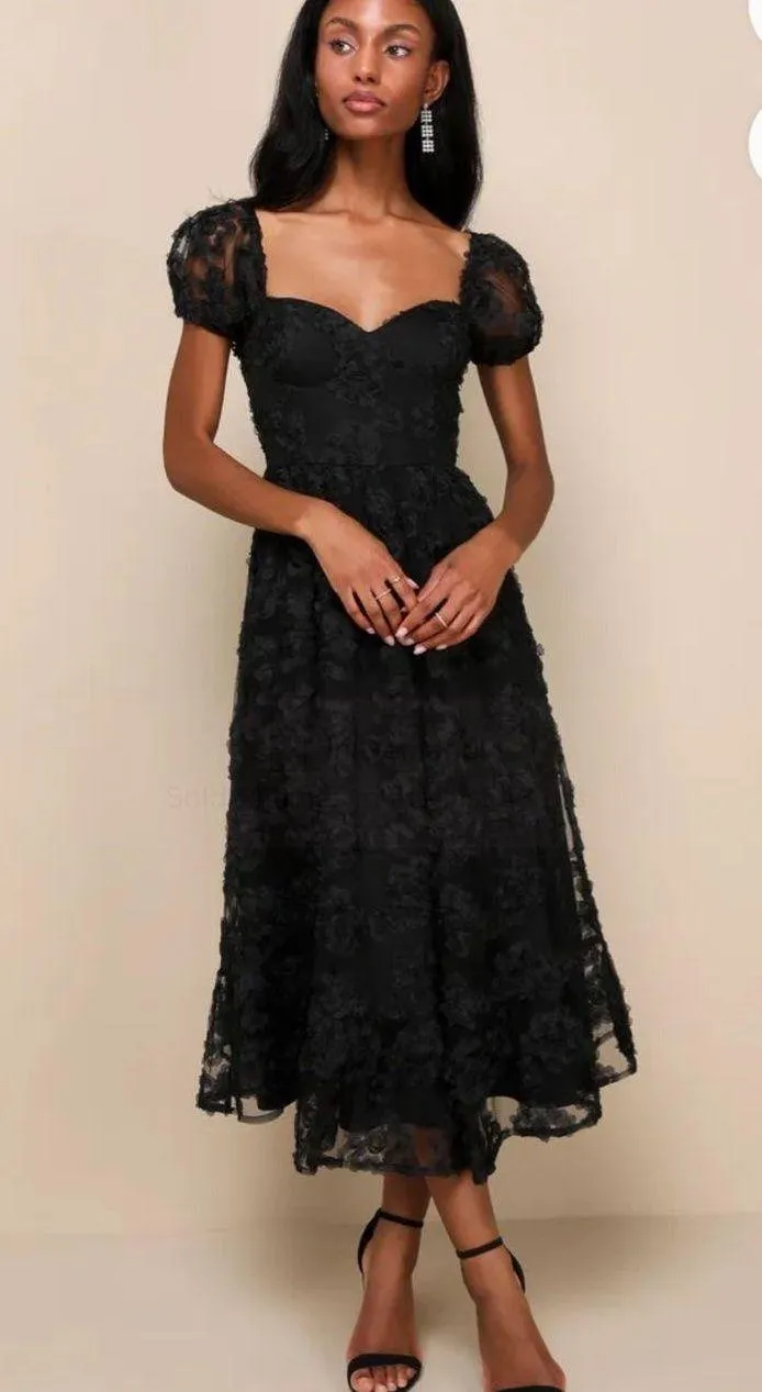 Black mesh floral applique midi dress
