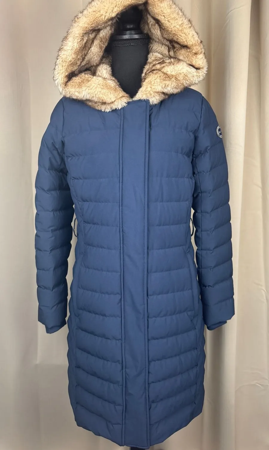 Abercrombie & Fitch Blue Down Puffer Coat Long Hooded Faux Fur Trim Women's M
