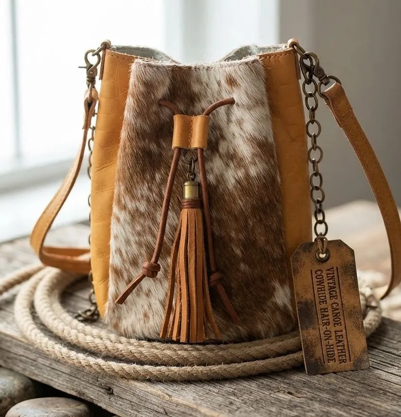 Vintage Canoe Hair on Hide Leather Mini Bucket Bag Cowhide Boho Western Tan
