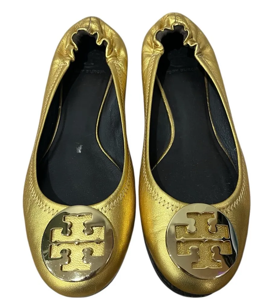 Tory Burch Womens Metallic Logo Reva Leather Ballet Flats Size: 10.5 50008619