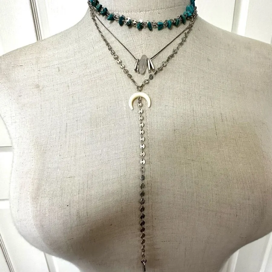 Silver tone blue beaded long multi strand necklace’s