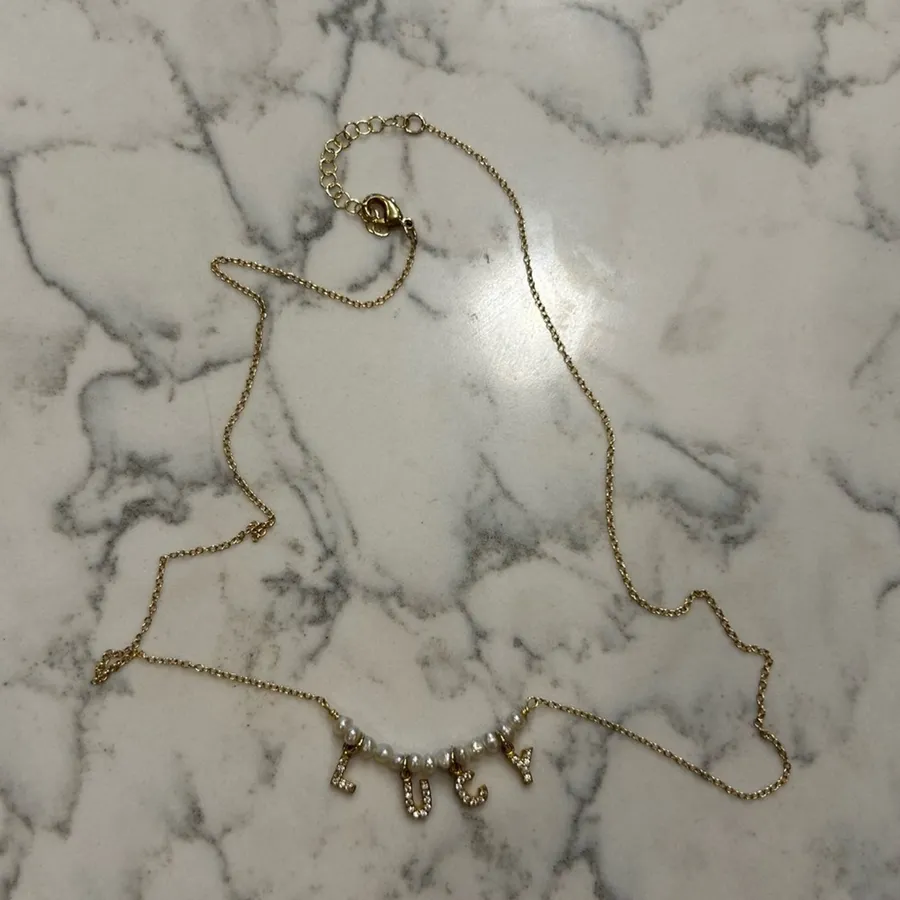 Lucy Name Necklace Gold Toned Faux Pearl