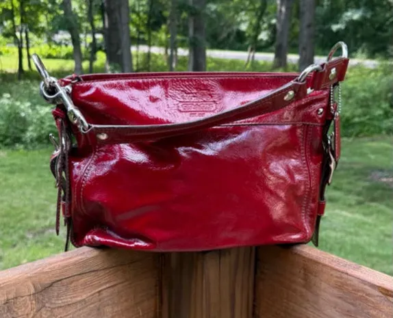 Coach Y2K Red Patent Leather Hobo Shoulder Bag Silver Hardware F12735