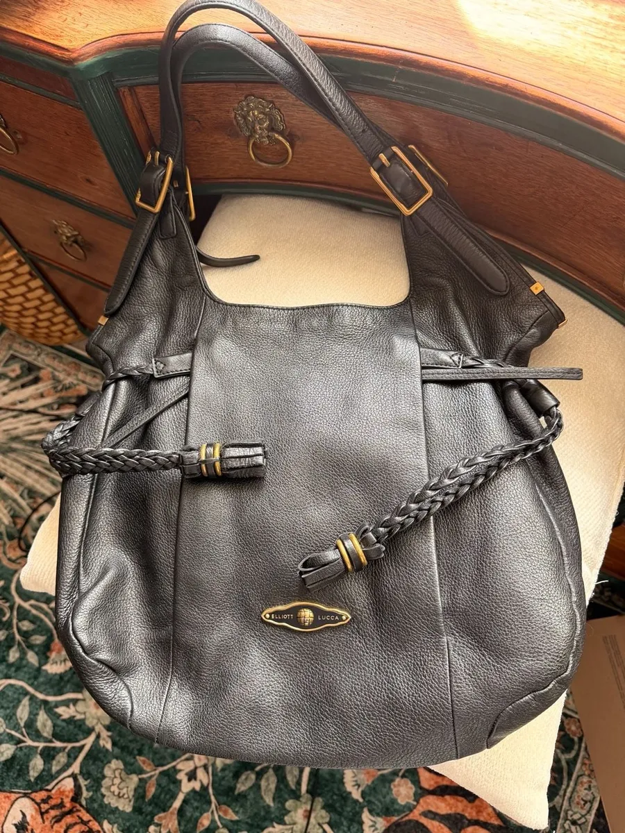 Black Leather Large Boho Hobo Shoulder Bag With Braided Tassels Gold Hardware