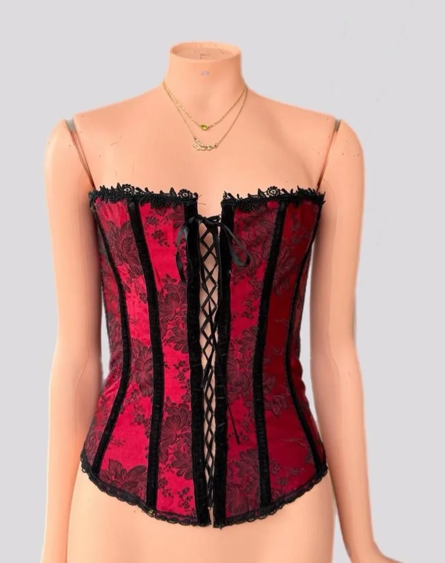 Y2K Red Black American Vintage Floral Corset