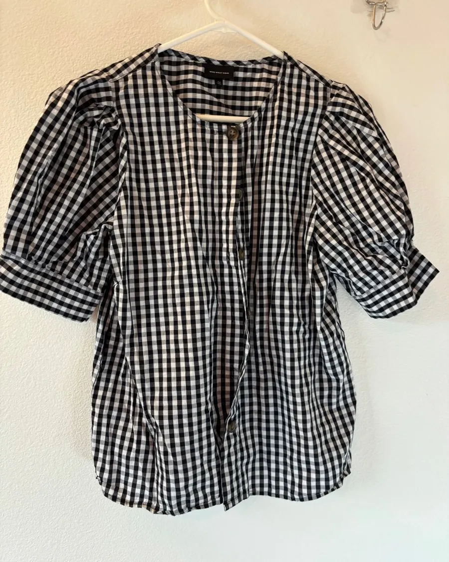 Who What Wear Gingham Puff Sleeve Button Front Blouse Black White Medium