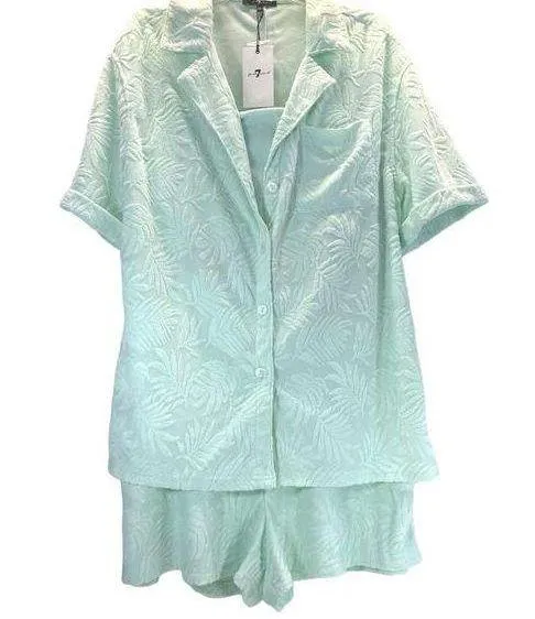 7 for all mankind 3-piece Green Terry Lounger Crop Top-Shirt-Shorts women sz XL