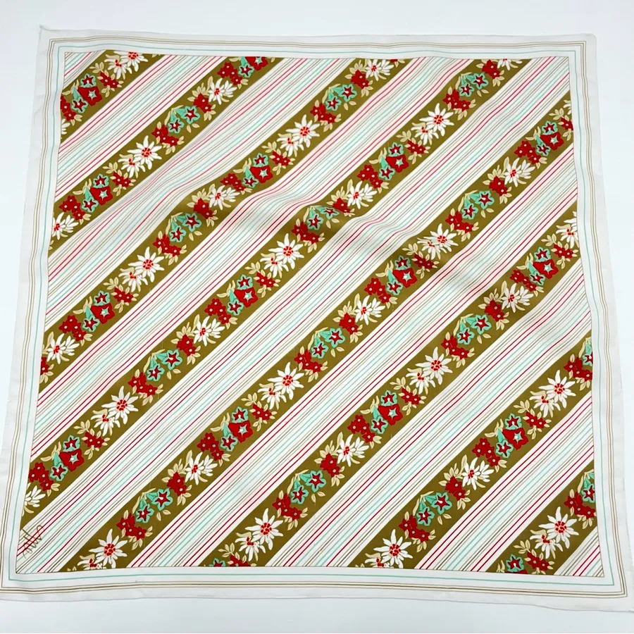 Vintage Scarf Floral Stripes Olive Green White Red Teal Square Retro 70s 80s