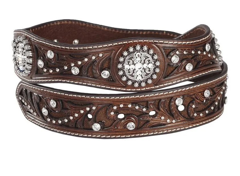 Ariat Western Embossed Tooled Brown Leather Belt with Concho Accents M