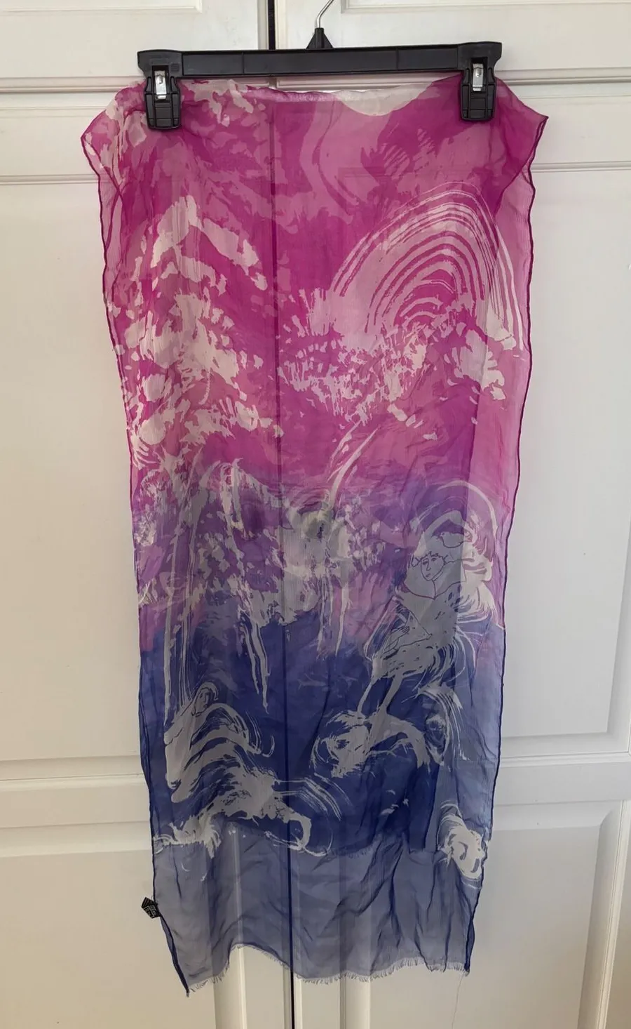 Vintage Made in Italy All Silk Ombre Pink Blue Abstract Print Scarf Wrap Fringe