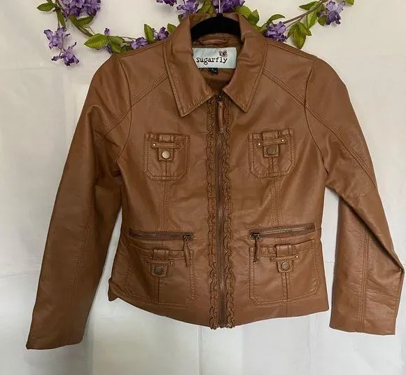 “SugarFly” Brown Faux Leather Bomber Jacket Brown Size L