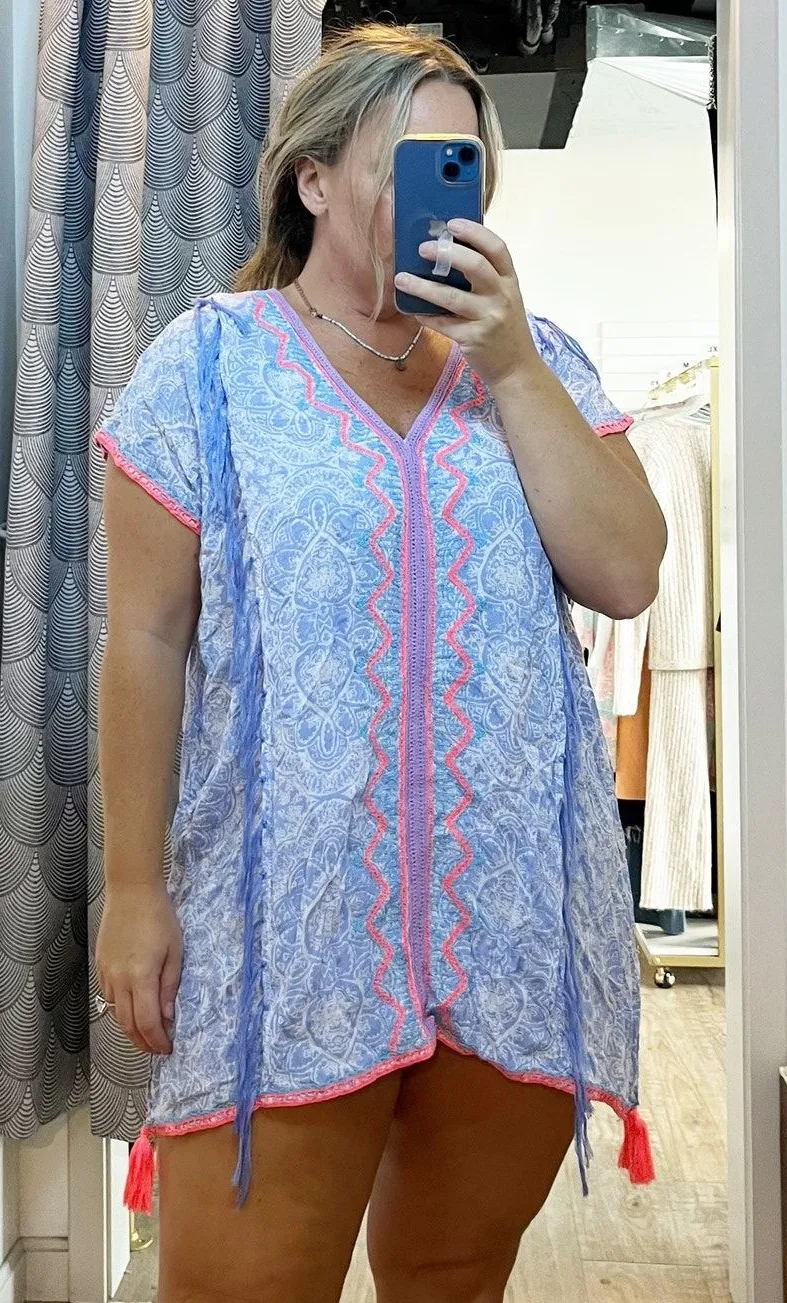 Surf Gypsy Floral Embroidered Short Sleeve Bohemian Tunic Cover-Up Dress Blue S