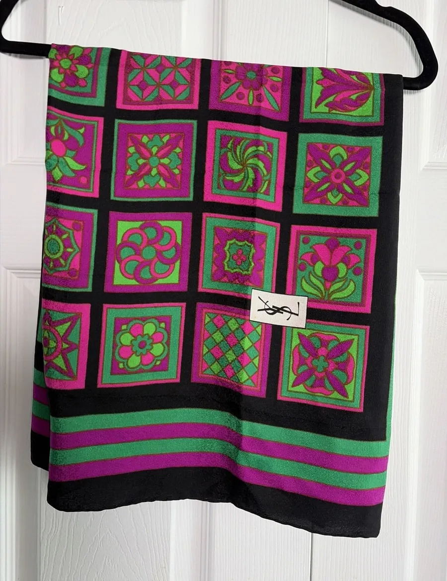 Yves Saint Laurent Vintage Silk Scarf Womens OS Pink Green Geometric Tile Italy